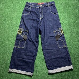 Vintage Y2K Men’s Quant Hombre Wide-Leg Cargo Jeans Dark-Wash 32 Rave Skate